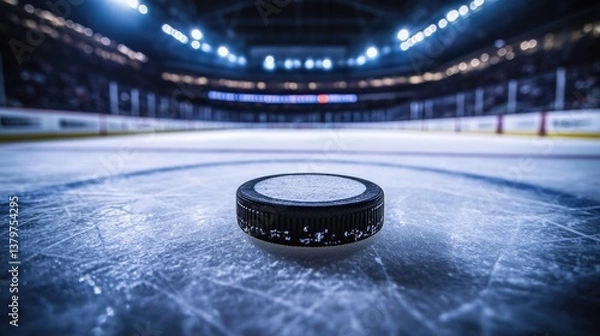 Fototapeta An ice hockey puck lies on the rink's surface, waiting for the players to start an exciting match in a vibrant arena