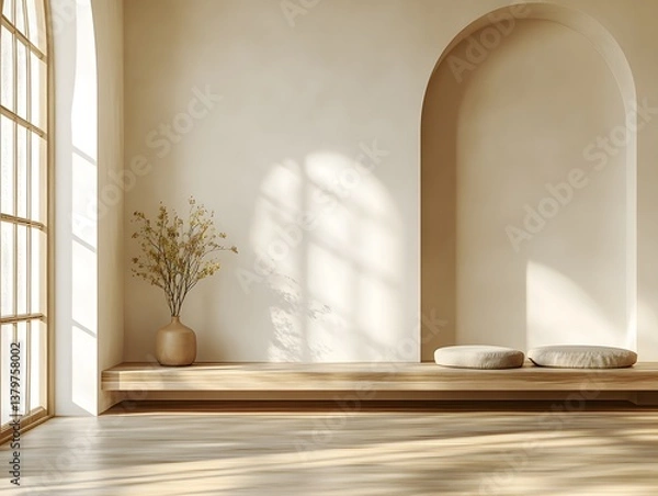 Fototapeta A serene minimalist interior features a wooden bench with cushions near an arched alcove and large window letting in natural sunlight illuminating the peaceful space.