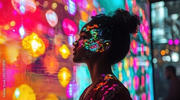 Fototapeta Abstract light projections on silhouette face with vibrant multicolored background