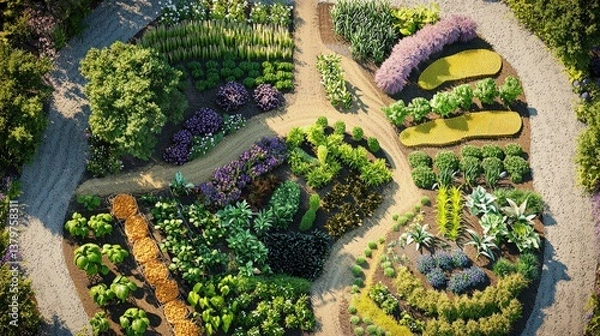 Fototapeta Aerial view of vibrant garden with colorful flower beds and winding pathways