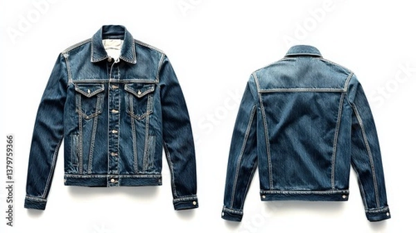 Fototapeta Classic blue denim jacket front and back view with button closure and chest pockets