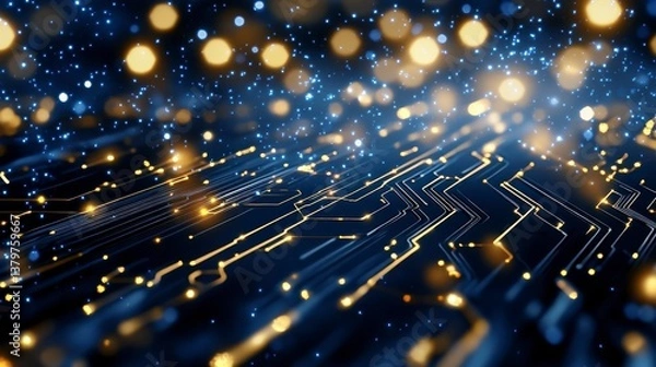 Obraz Abstract Digital Background with Glowing Circuits and Glittering Lights in Blue and Gold