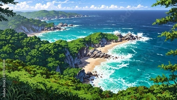 Obraz Scenic coastline with lush greenery and rocky cliffs on a sunny day