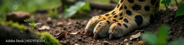 Fototapeta Leopard paw print on forest ground , felid, track