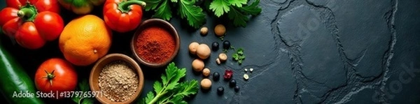Fototapeta Assorted fresh vegetables, herbs, and spices on dark stone table Ingredients for cooking with copy space available,  stone,  cooking