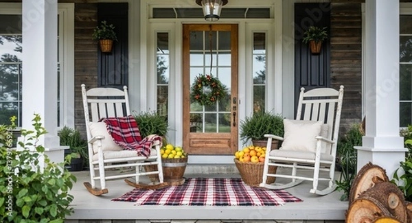 Obraz Classic farmhouse front porch with rocking chairs a plaid blanket and a basket of fresh fruit