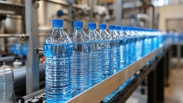 Fototapeta A state-of-the-art water packaging plant with automated labeling and sealing processes