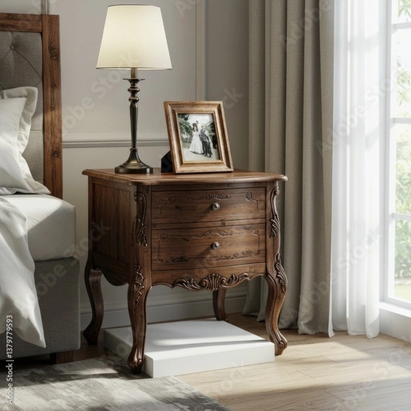 Fototapeta Advertising - staged photo of a framed picture on a vintage bedside table in a modern room.