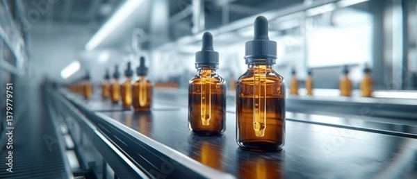 Fototapeta A row of amber dropper bottles sits on a conveyor belt in a modern manufacturing facility, highlighting precision and efficiency in production.