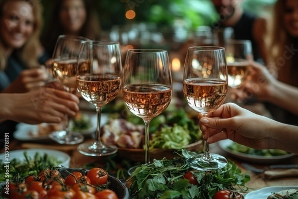 Fototapeta Friends celebrate together with rose wine at a cheerful outdoor dining setting during a summer evening gathering