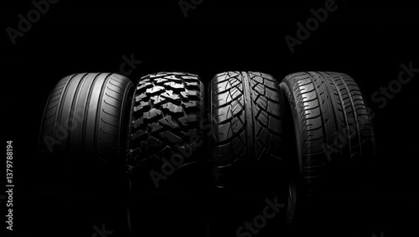 Obraz Different types of tires displayed against a dark background showcasing their textures and tread patterns