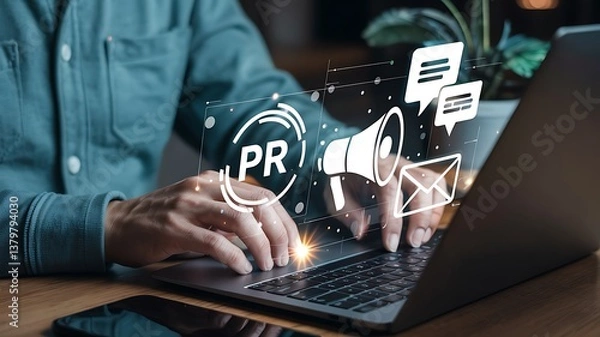 Fototapeta Digital Marketing Icons Holographic Display Hands Typing on Laptop PR Symbol Social Media Floating Icons Futuristic Interface Virtual Workspace Business Communication Technology Concept"