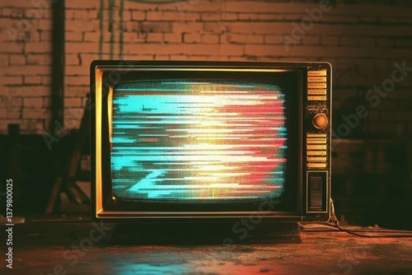Fototapeta Retro glitch noise textured TV screen displays colorful distortion in a dimly lit room, Retro Glitch Noise Textured TV Screen Noise Distortion Video Effect