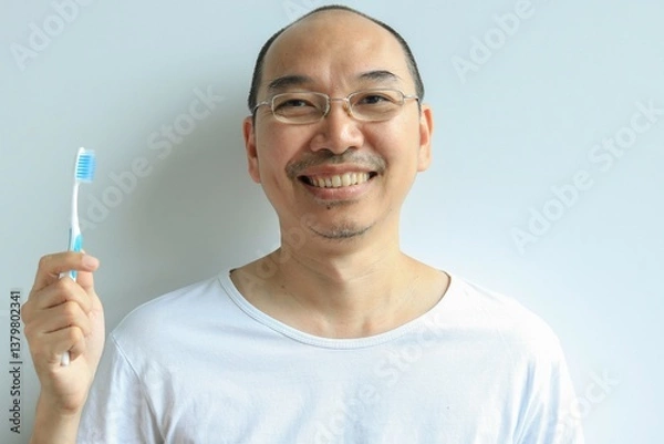 Obraz Man holding toothbrush in hand, health concept