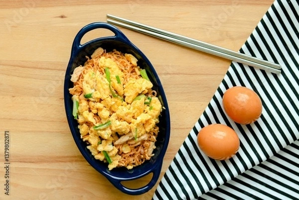 Obraz Stir-fried instant noodles with egg, Asian food