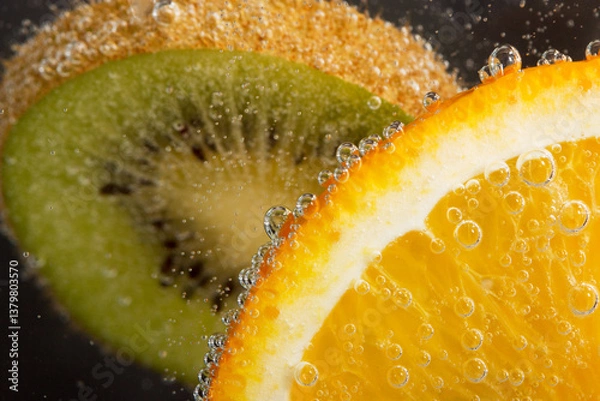 Fototapeta Pieces of tropical fruits of fresh orange and green kiwi in water with air bubbles on a black background. Macro.
