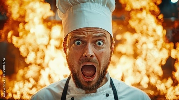 Fototapeta Chef in distress amidst flames