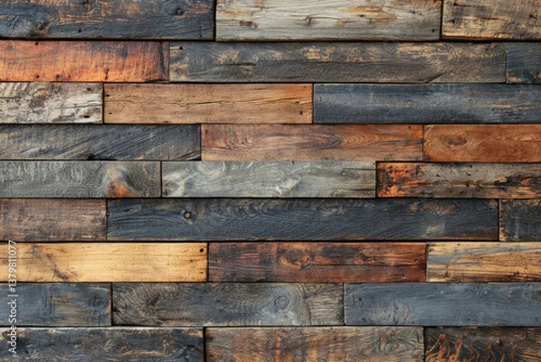 Fototapeta Rustic reclaimed wood wall, various shades and textures of brown, grey, and black.