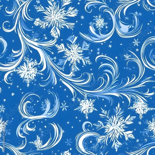 Fototapeta A seamless winter wonderland pattern features intricate white snowflakes and swirling frosty designs on a rich blue background ideal for festive holiday fabric prints or winter