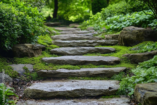 Fototapeta Stone steps ascend through a lush, green garden pathway, creating a tranquil and serene atmosphere.