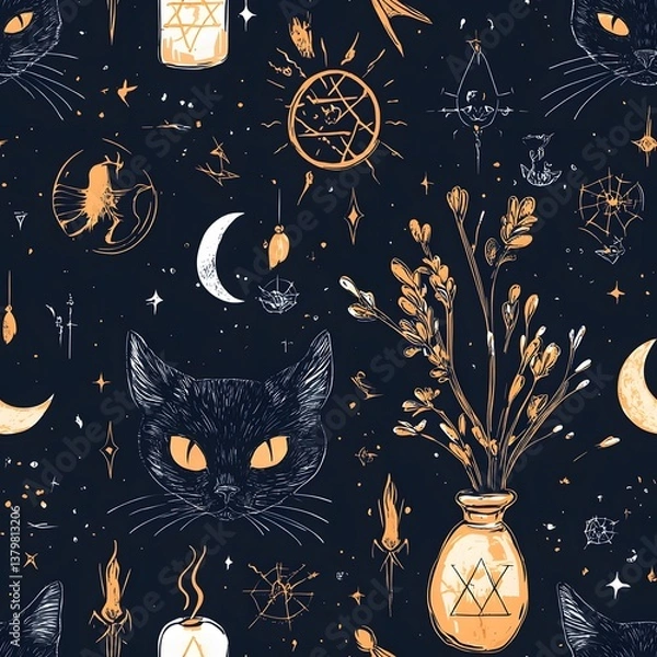 Fototapeta A mystical seamless pattern featu witchy symbols, celestial elements, black cats, and magical plants on a dark background ideal for fabric, wallpapers, and mystical designs.