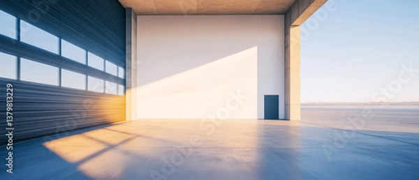 Fototapeta Bright and spacious empty warehouse interior with natural light streaming in from the windows