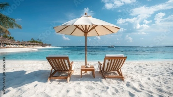 Fototapeta Two chairs and an umbrella set up on a sandy beach under a clear sky.