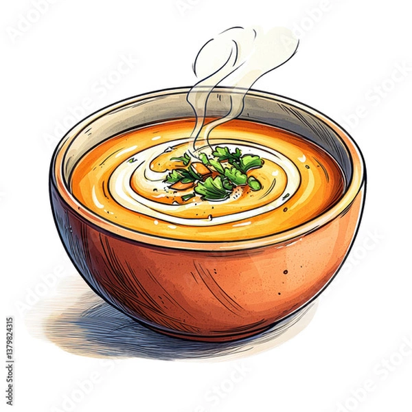 Fototapeta A bowl of steaming soup garnished with herbs, showcasing a rich, warm color and a comforting appearance.