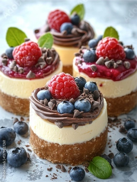Obraz cheesecakes with raspberry, blueberry, and chocolate toppings,praty