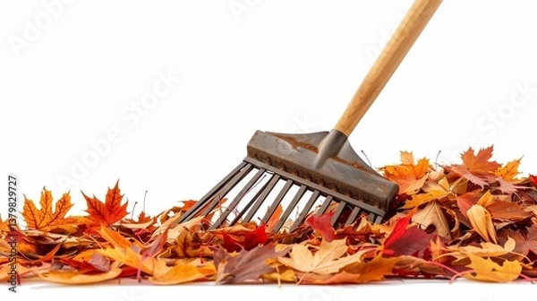 Obraz A wooden rake clipart leaning against a pile of colorful leaves, centered on a white background.