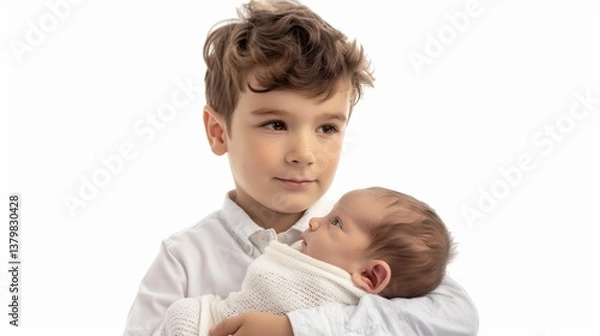 Obraz A young boy holding his newborn sibling, looking at them with curiosity, isolated on a white background.