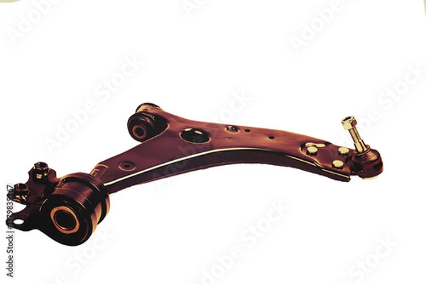 Obraz Automotive control arm with hinge and bushings displayed on a plain background for engineering analysis and design purposes