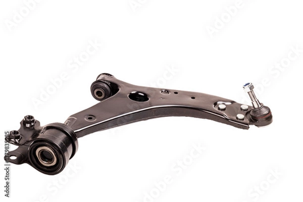 Fototapeta Automotive control arm with hinge and bushings displayed on a plain background for engineering analysis and design purposes