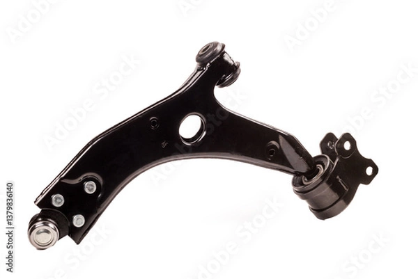 Fototapeta Automotive control arm with hinge and bushings displayed on a plain background for engineering analysis and design purposes