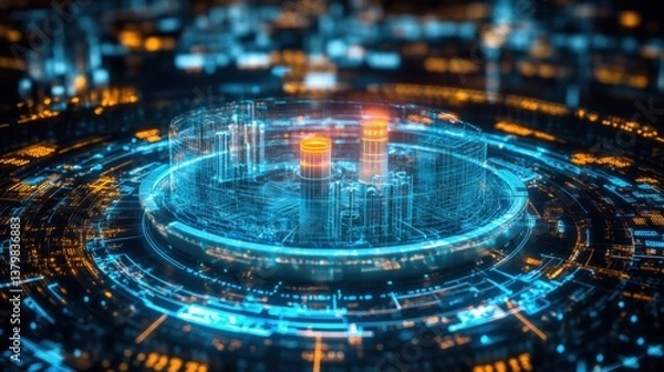 Fototapeta Futuristic stock market screen displaying rising nuclear energy investments with a D nuclear reactor hologram.