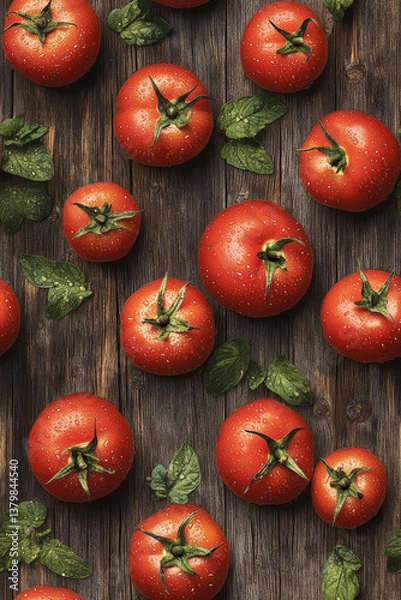 Fototapeta Fresh red tomatoes with green leaves on wooden surface create vibrant and natural display