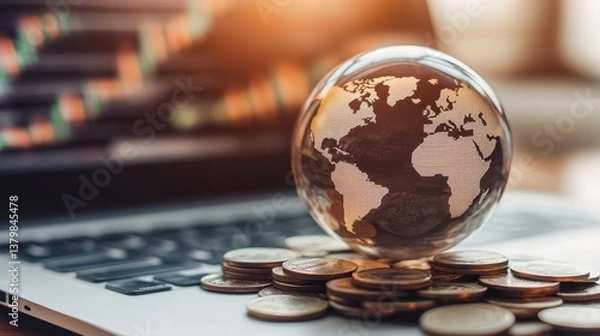 Obraz Transparent world globe on a pile of coins, with a laptop showing stock market analysis in a blurred background.