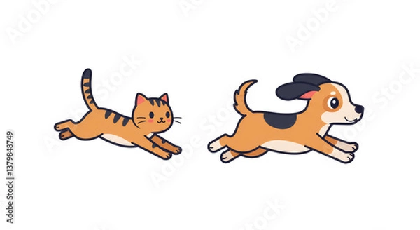 Obraz Cartoon Cat and Dog Running Together in a Playful Animated Style