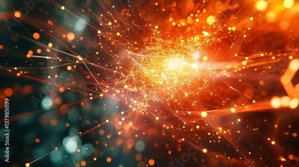 Obraz Abstract glowing orange network with connected dots and lines on a dark background design