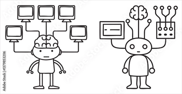 Fototapeta Illustration comparing human brain connections with robotic circuitry.