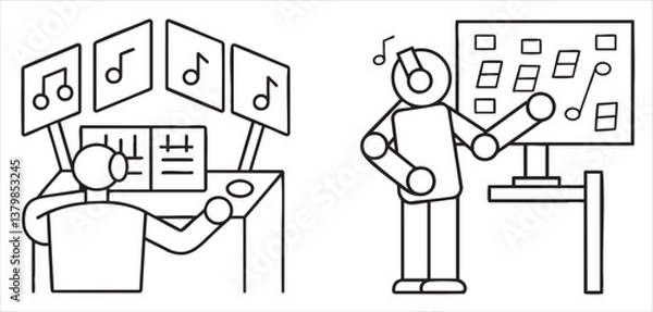 Fototapeta Illustration of a music producer working at a desk with screens and a mixer.