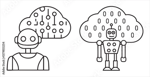 Fototapeta Illustration of robots with digital thought patterns above their heads.