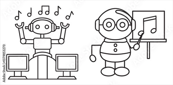 Fototapeta Two cartoon robots engaged in music-related activities with musical notes and screens.