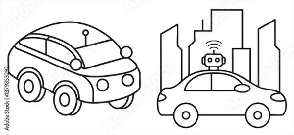 Fototapeta Illustration of robotic cars in an urban setting with buildings.