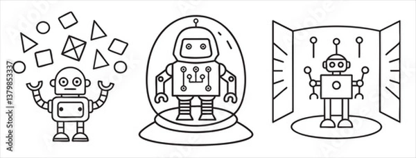 Fototapeta Three playful robots engaged in various activities in a simple, cartoonish style.