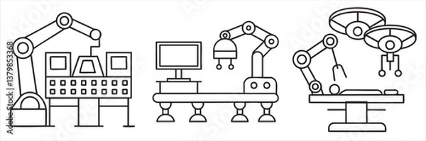 Fototapeta Robotic arms and machinery in a technical workspace illustration.