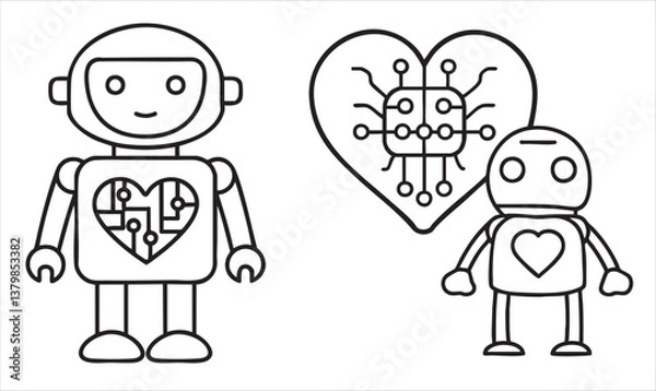 Fototapeta Two playful robots with heart designs, one featuring circuitry patterns.