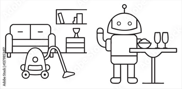 Fototapeta Robot vacuum and helper in a modern living room setting with furniture and drinks.