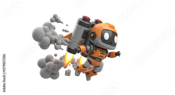 Obraz Flying Robot with Jetpack Cartoon Character Ready for Space Adventures