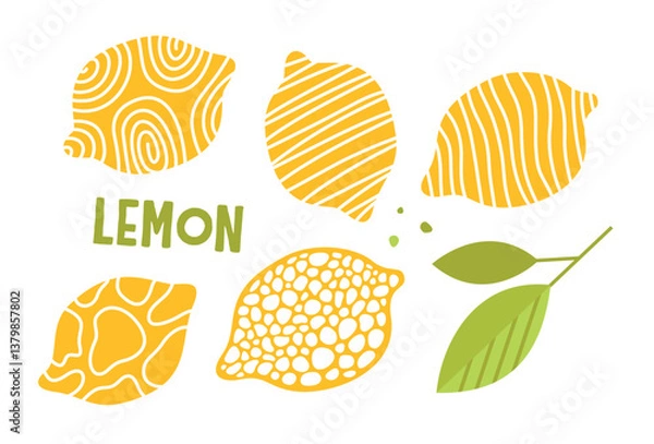 Fototapeta Collection of yellow lemon slices with varied textures, green leaves, set against a white background
